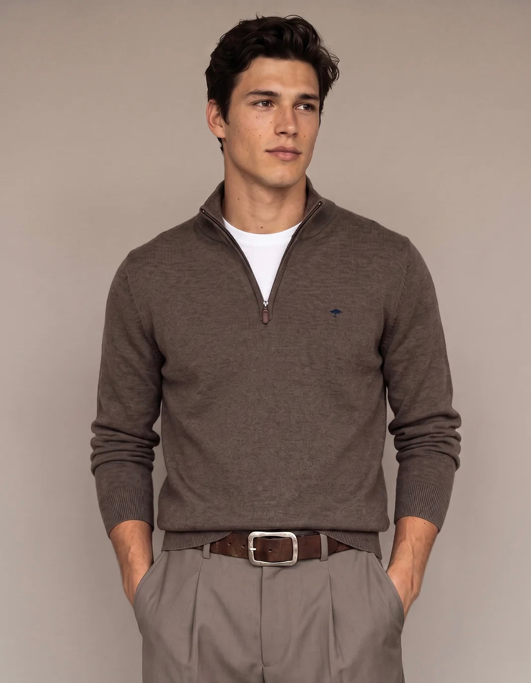 Fynch Hatton 1/4 Zip Knit Chocolate Brown