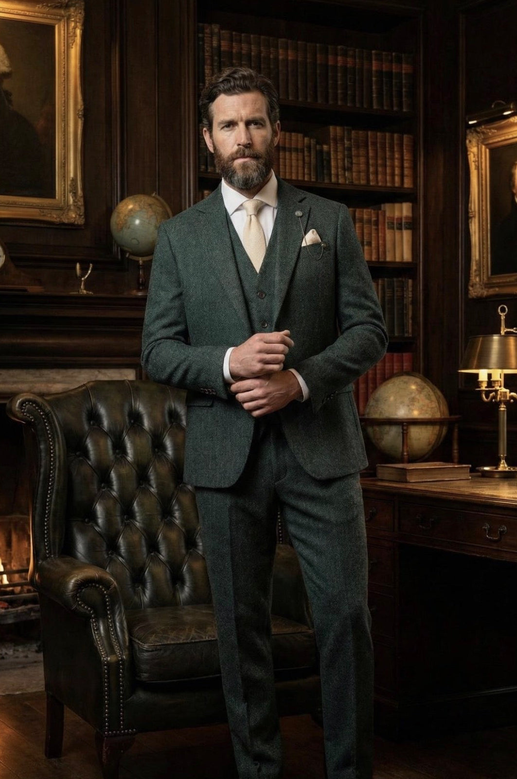House of Cavani Thomas Lush Olive Tweed Three Piece Suit
