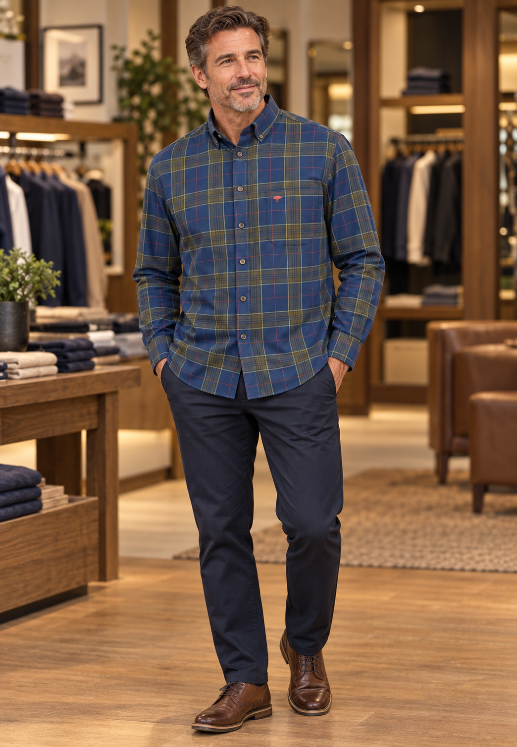 Fynch Hatton COTTON SHIRT WITH CHECK PATTERN AND BUTTON-DOWN COLLAR Navy Green  / Red