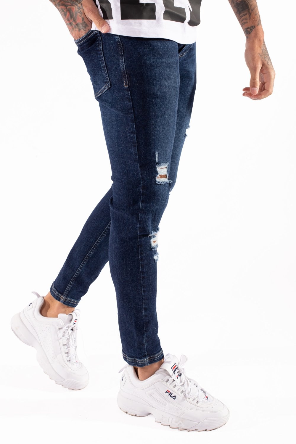 11 Degrees Super Stretch Distressed Skinny Jeans - Indigo Blue